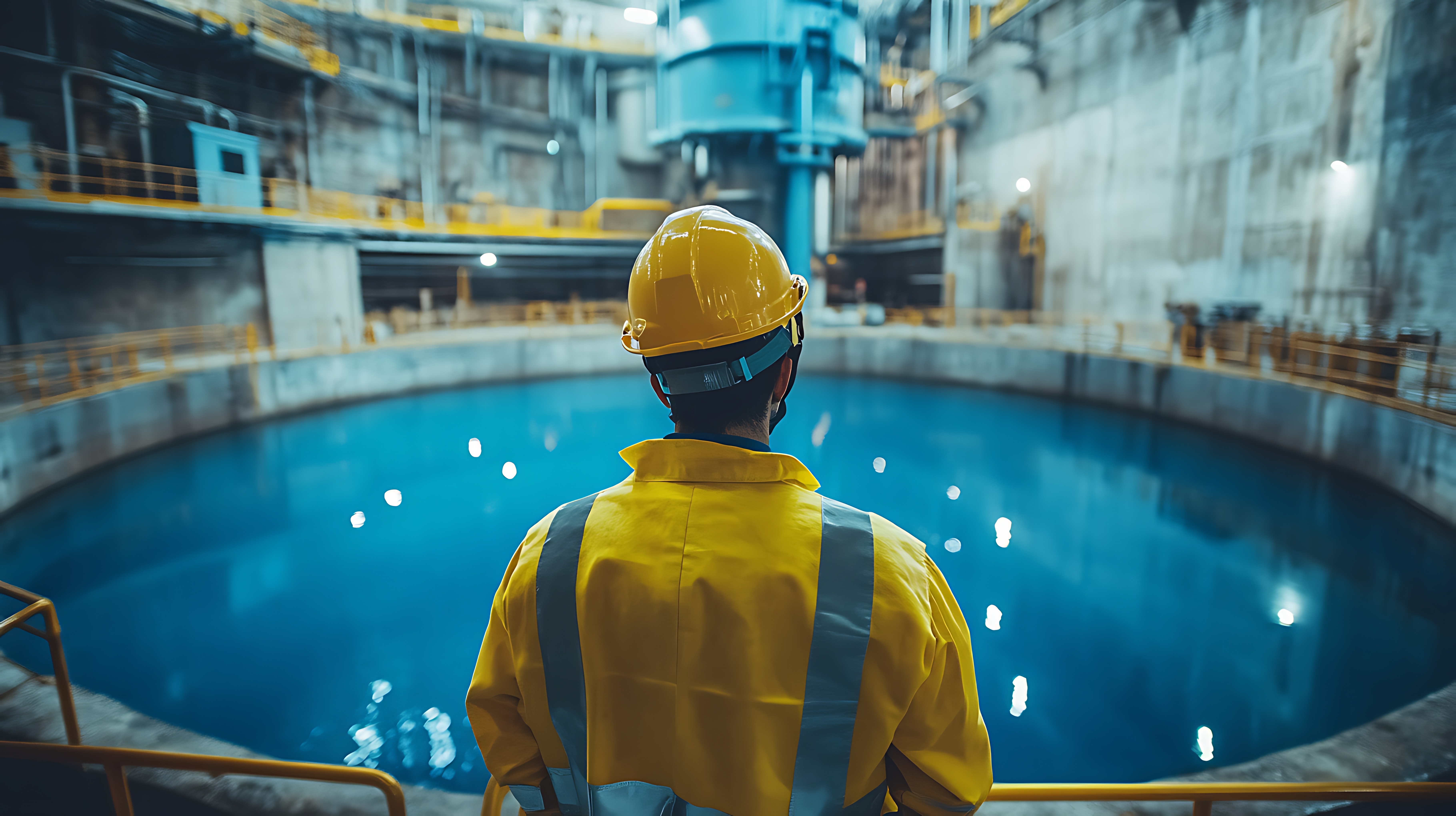 Ingeniør i beskyttelsesbeklædning observerer industrielt udstyr under inspektion i et kraftværksanlæg.