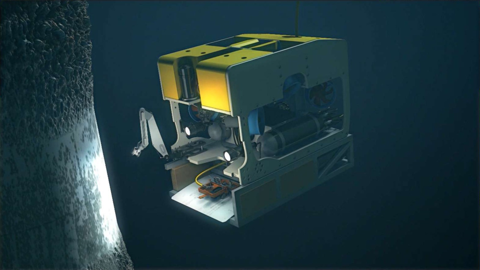 A remotely operated vehicle (ROV) positions a subsea inspection module on an underwater pipeline surface for non-destructive inspection.