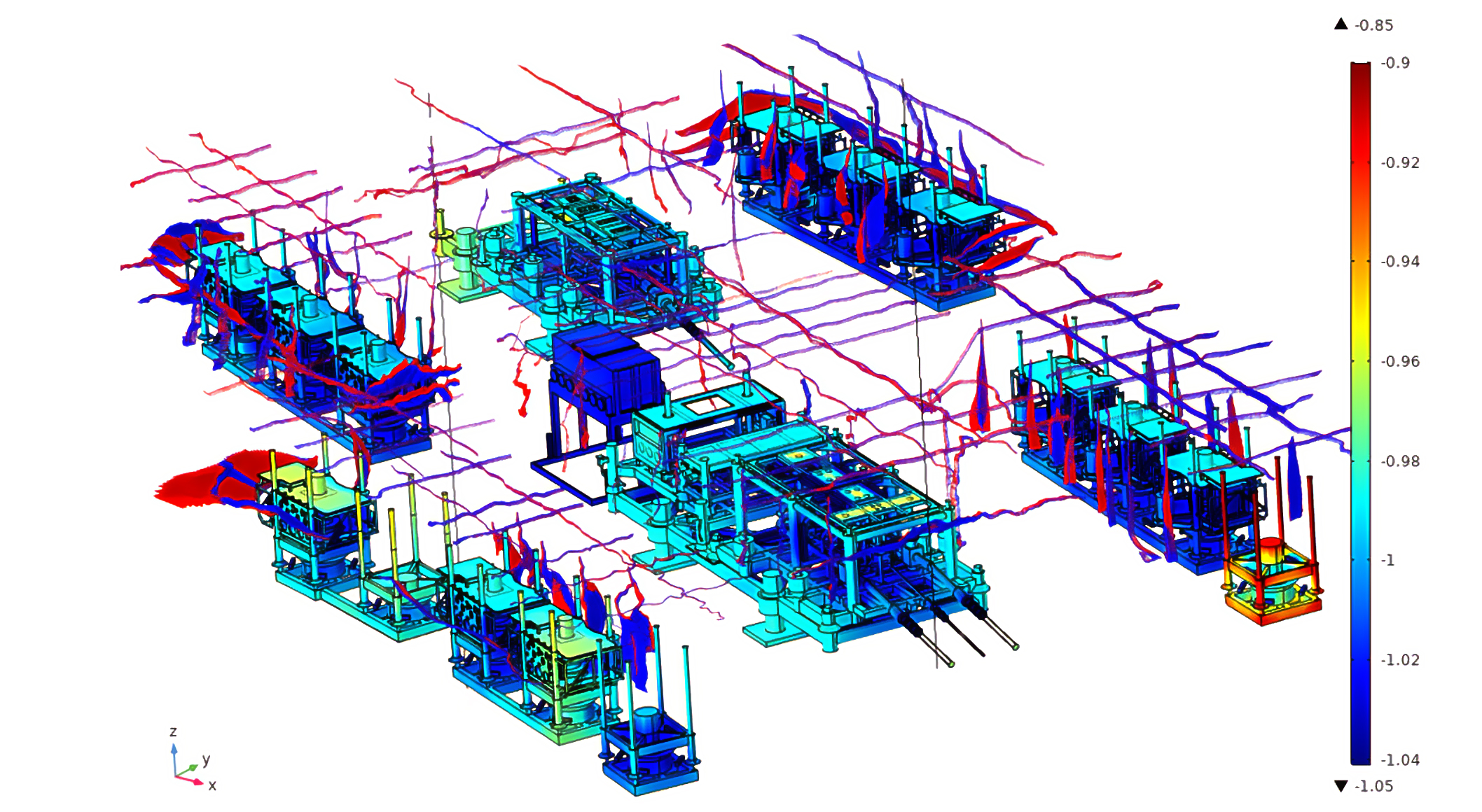 Integrated CP simulation of multiple subsea and topside assets, where colour-mapped potentials help engineers validate protection levels and optimise anode design across the full system.