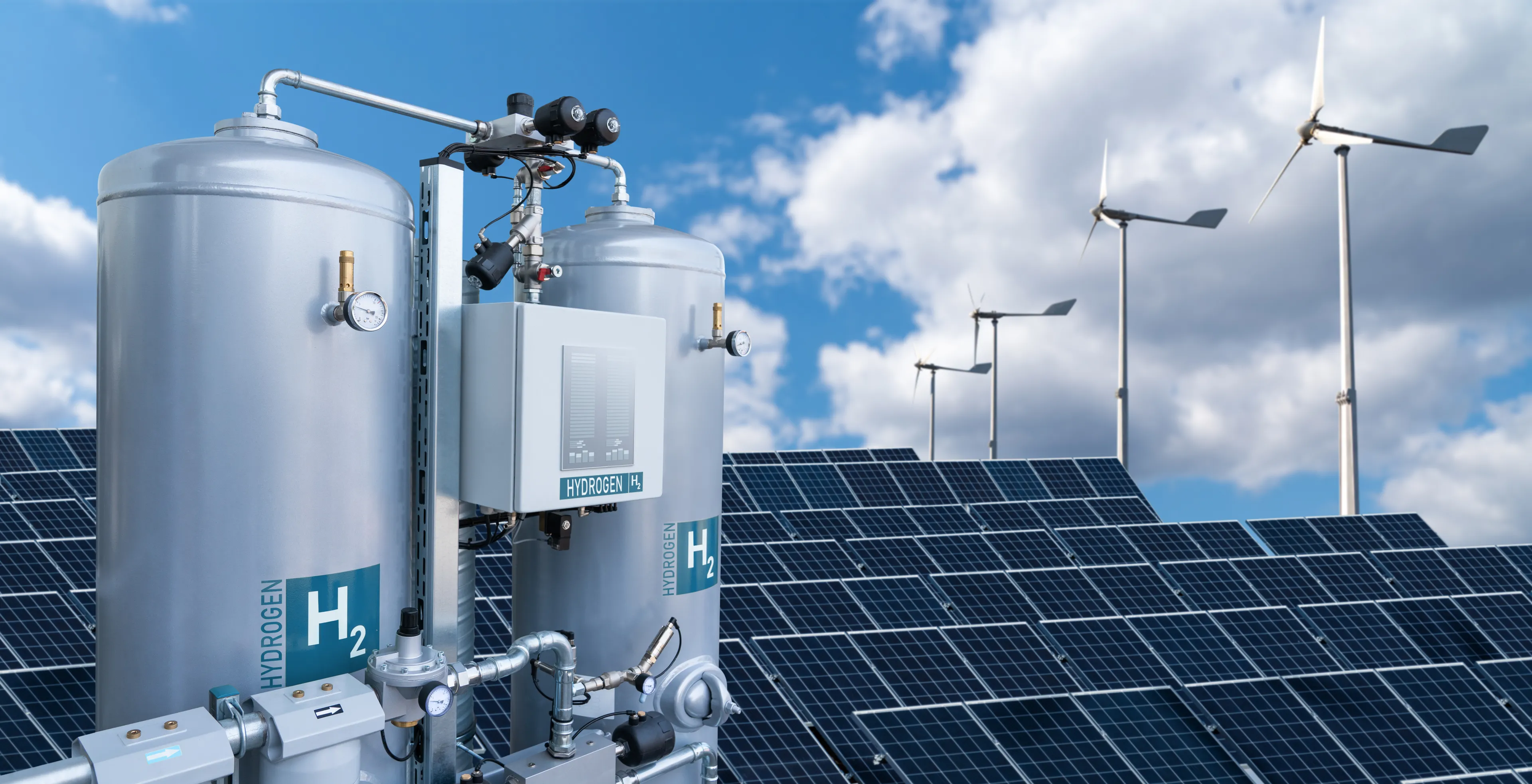 Tanks with hydrogen on the background of solar panels and wind turbines. Getting green hydrogen from renewable energy sources