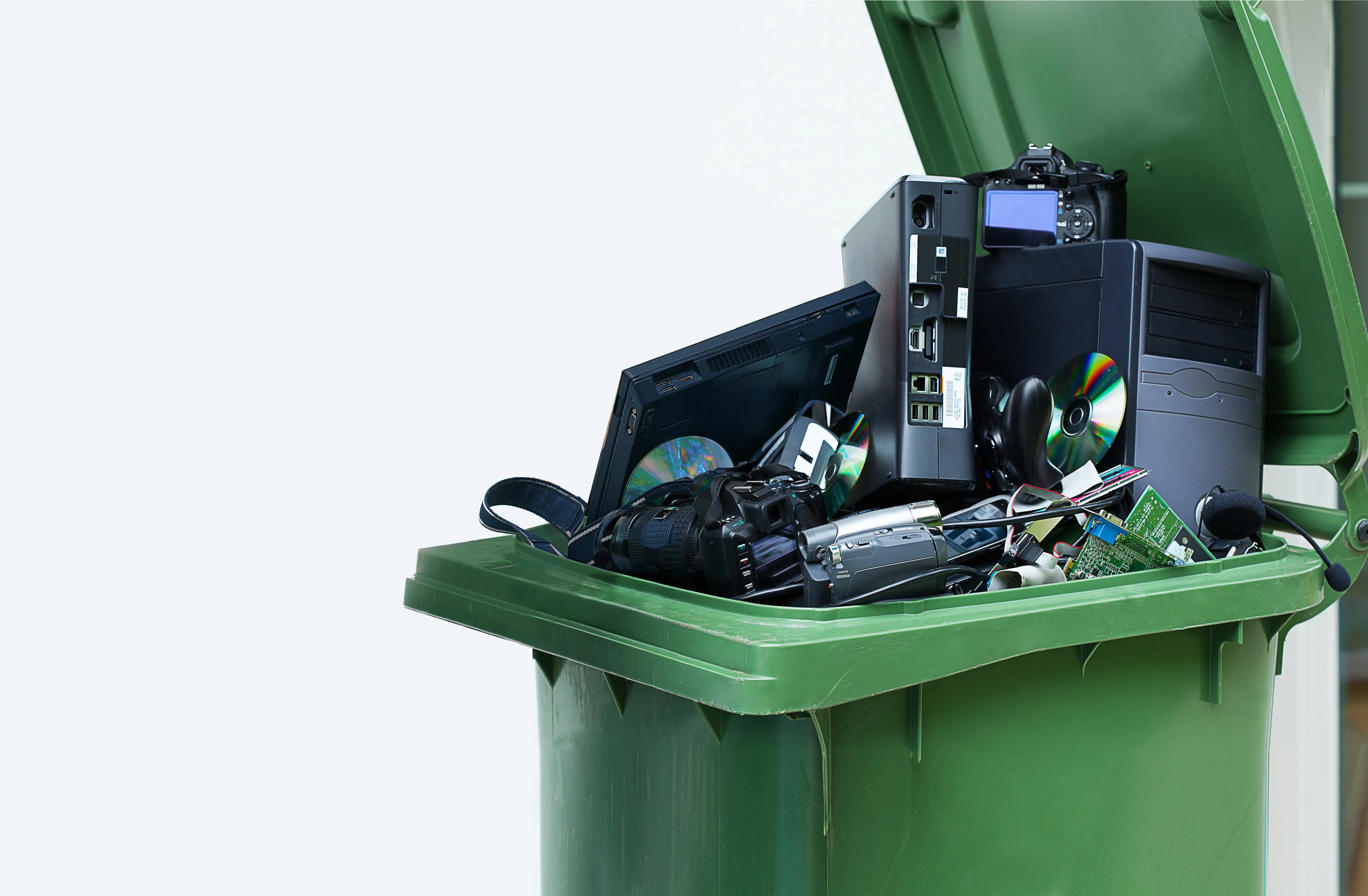 Discarded electronic equipment in a bin