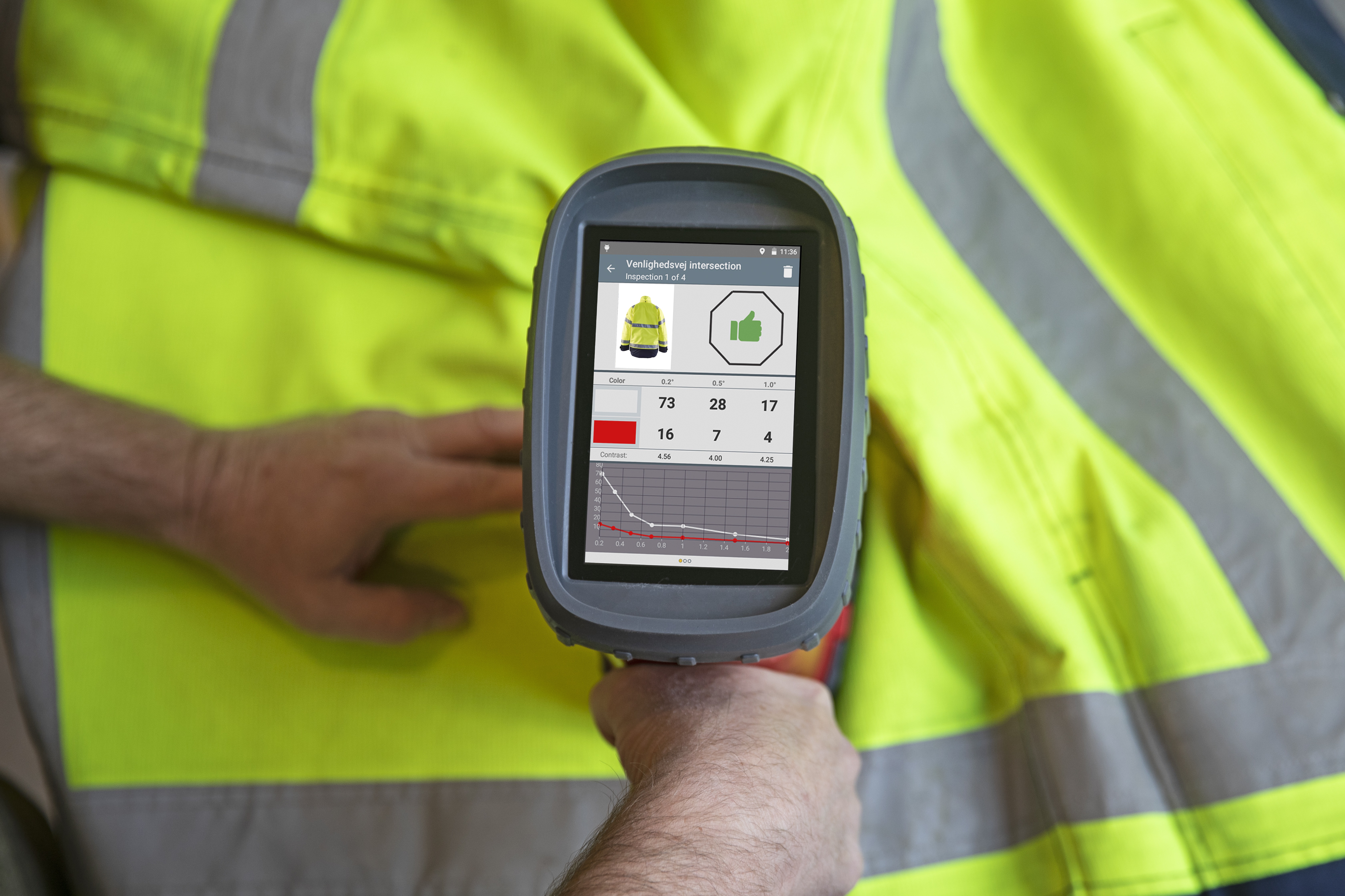 Handheld retroreflectometer measuring retroreflective material on a high-visibility jacket, displaying test results on the device screen.