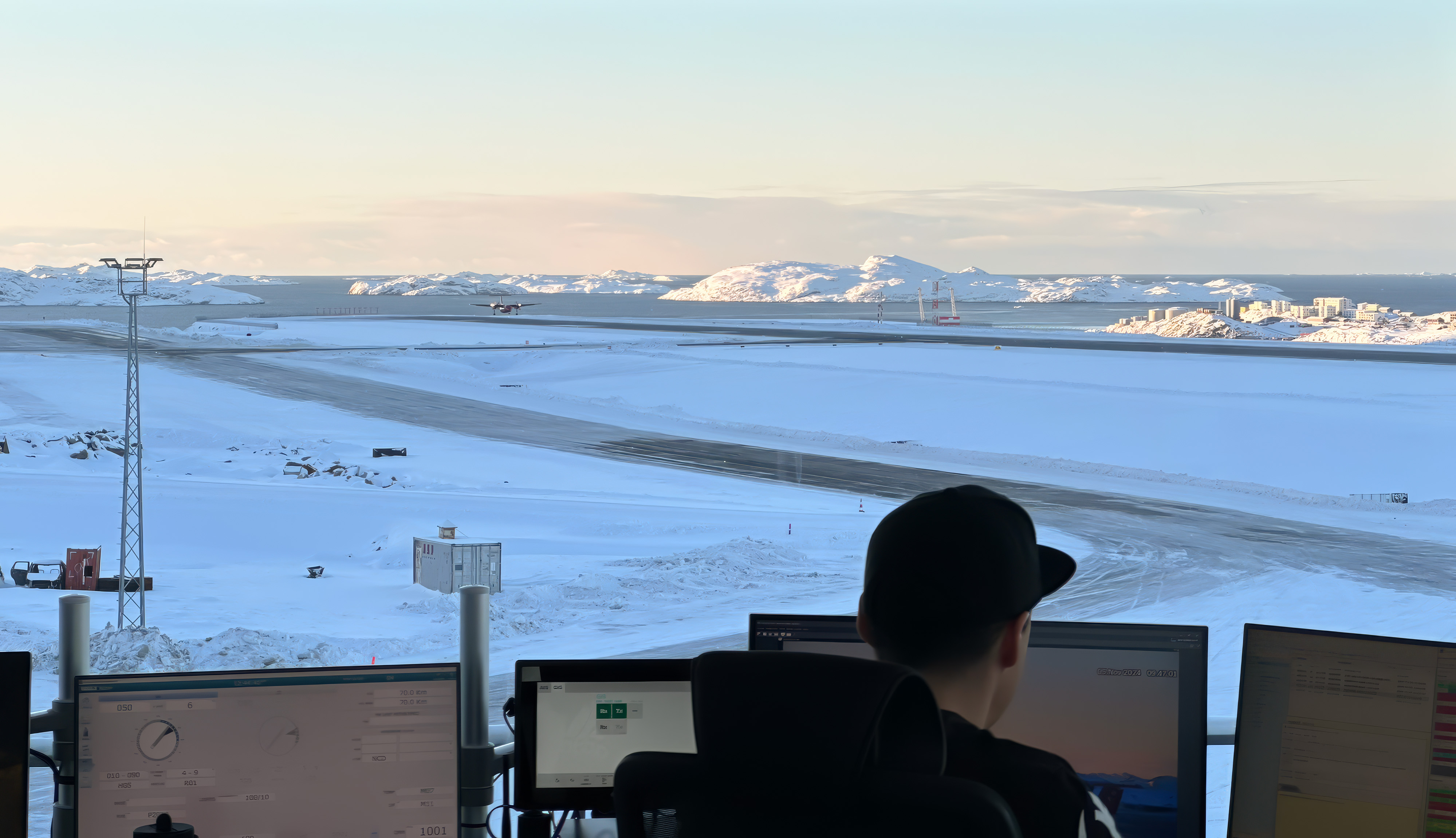 View from an airport control room overlooking a snow-covered runway, with a person monitoring aviation aerodynamics and wind conditions on multiple screens.