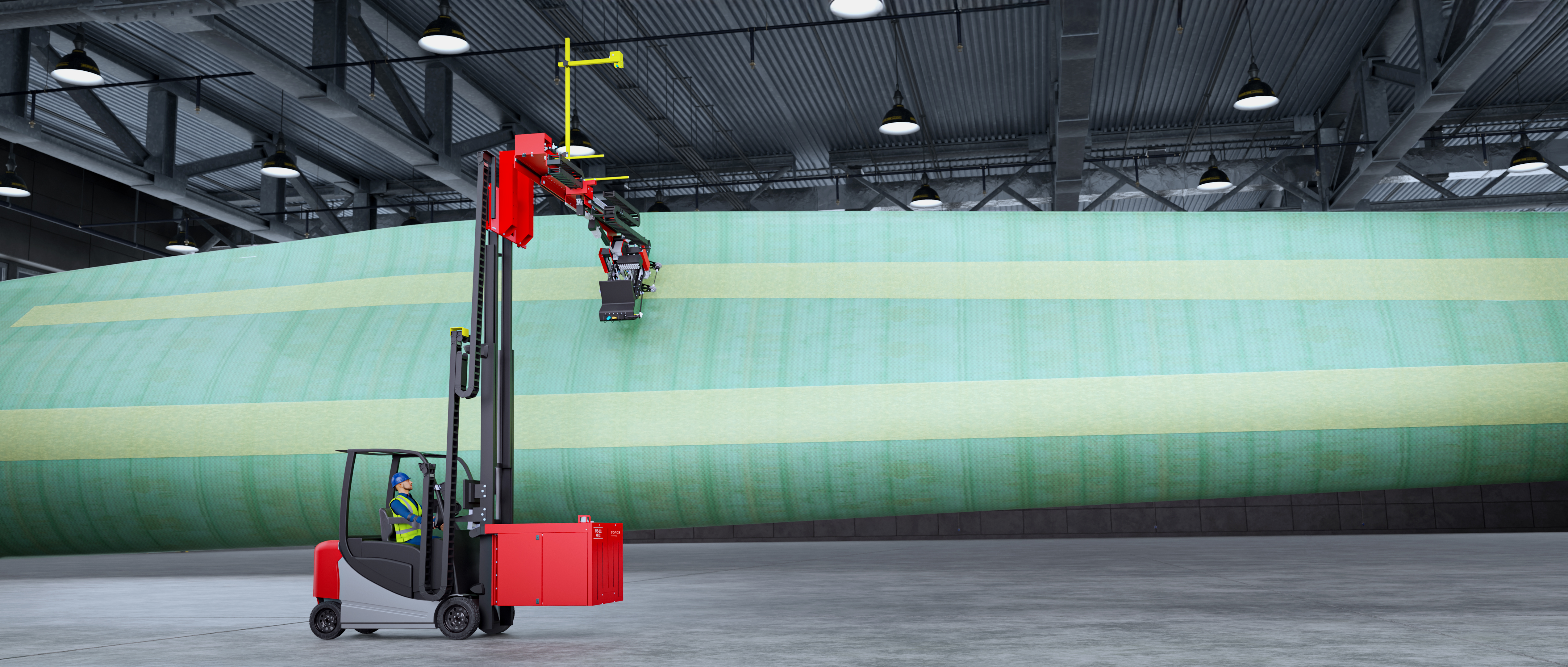 An automated ultrasonic scanner performing P-scan inspection on a wind turbine blade.