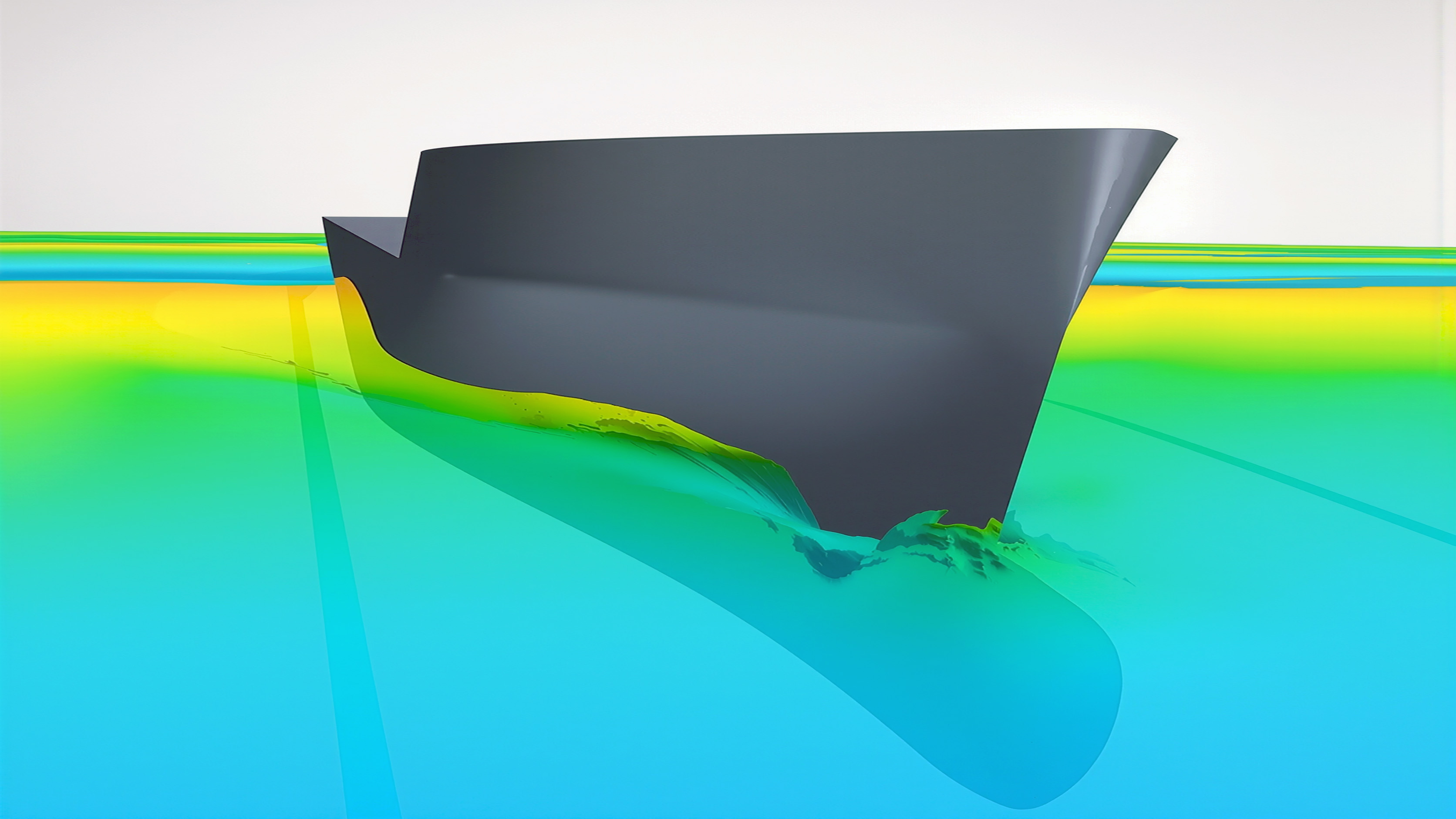 3D visualisation of hydrodynamic flow around a ship hull and propeller, showing velocity distribution and wake patterns in water.