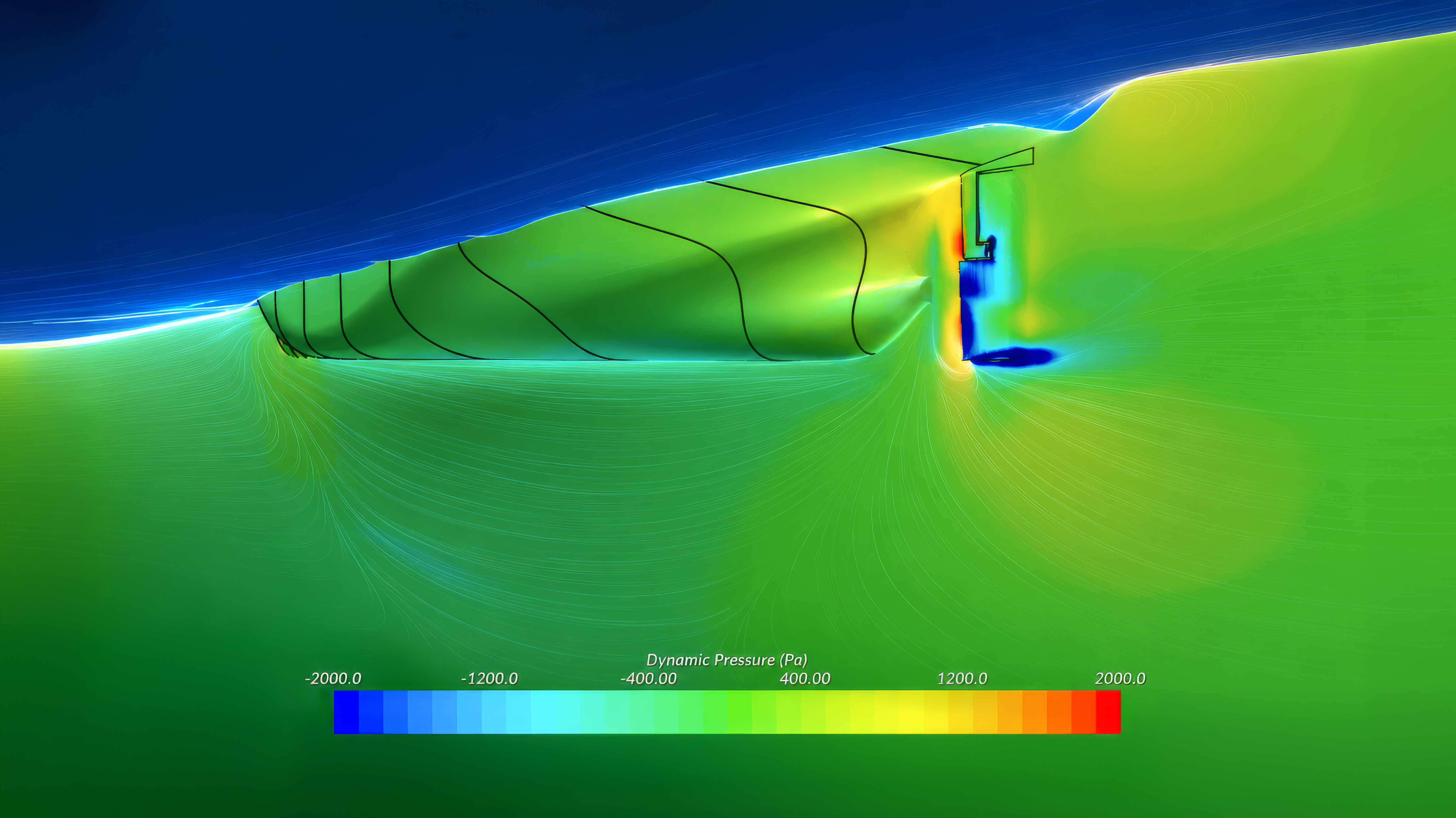CFD visualisation showing flow patterns and dynamic pressure distribution around a ship hull during hull line optimisation.