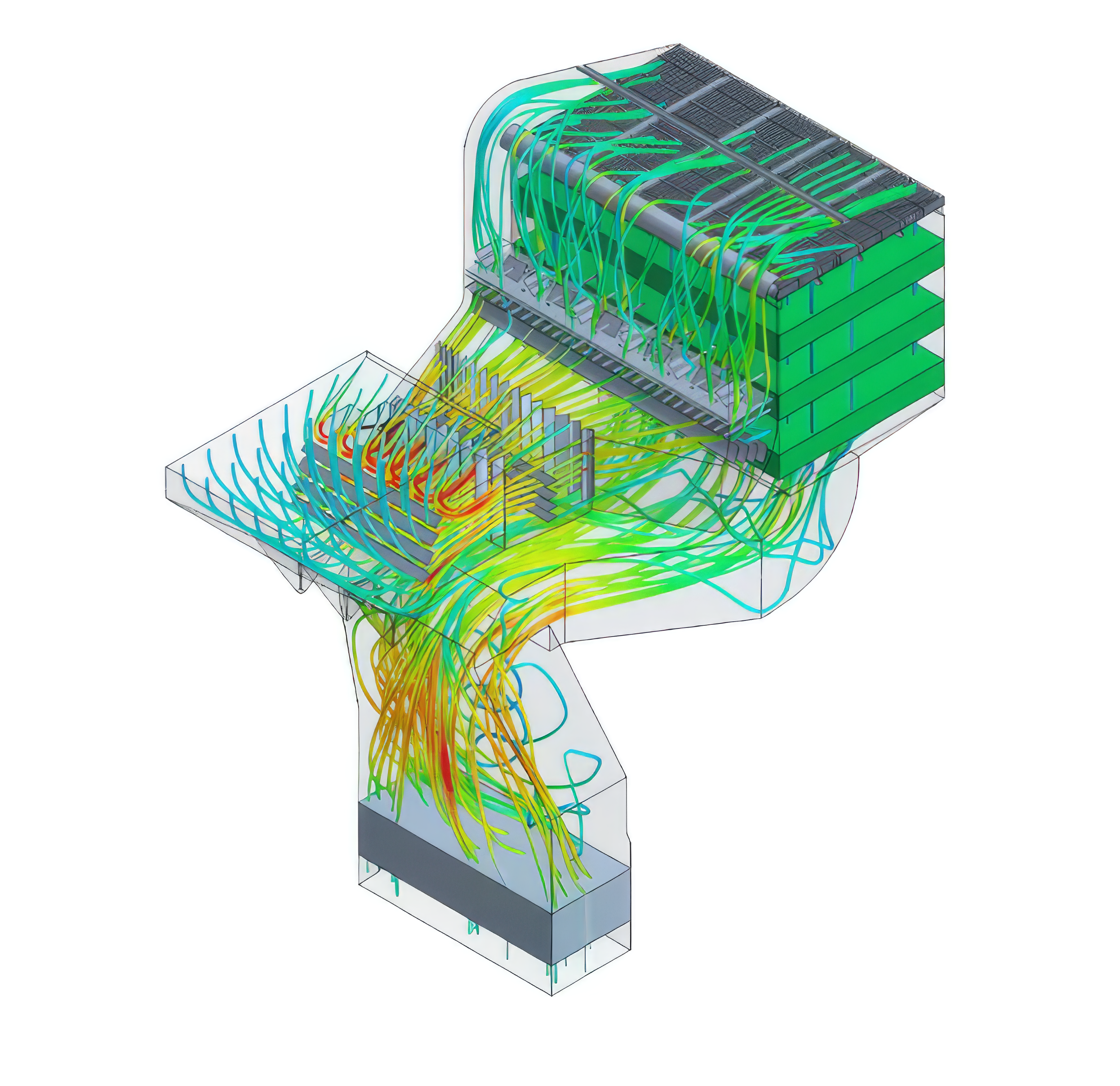 CFD-visualisering af flowfordeling i et røggasrensningssystem.