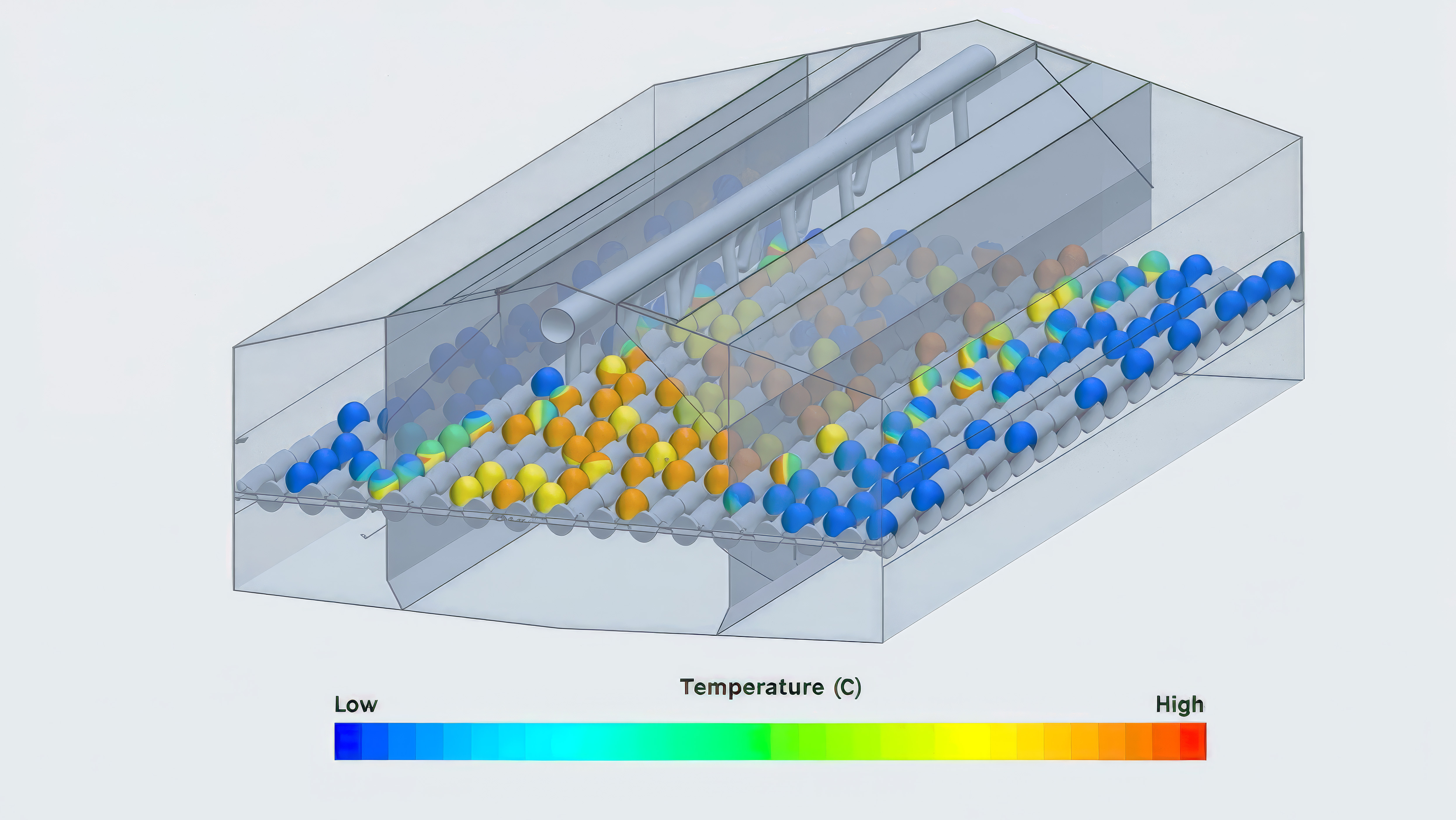 3D simulation of flow optimisation in a process system showing coloured particles and temperature distribution across channels and flow paths.