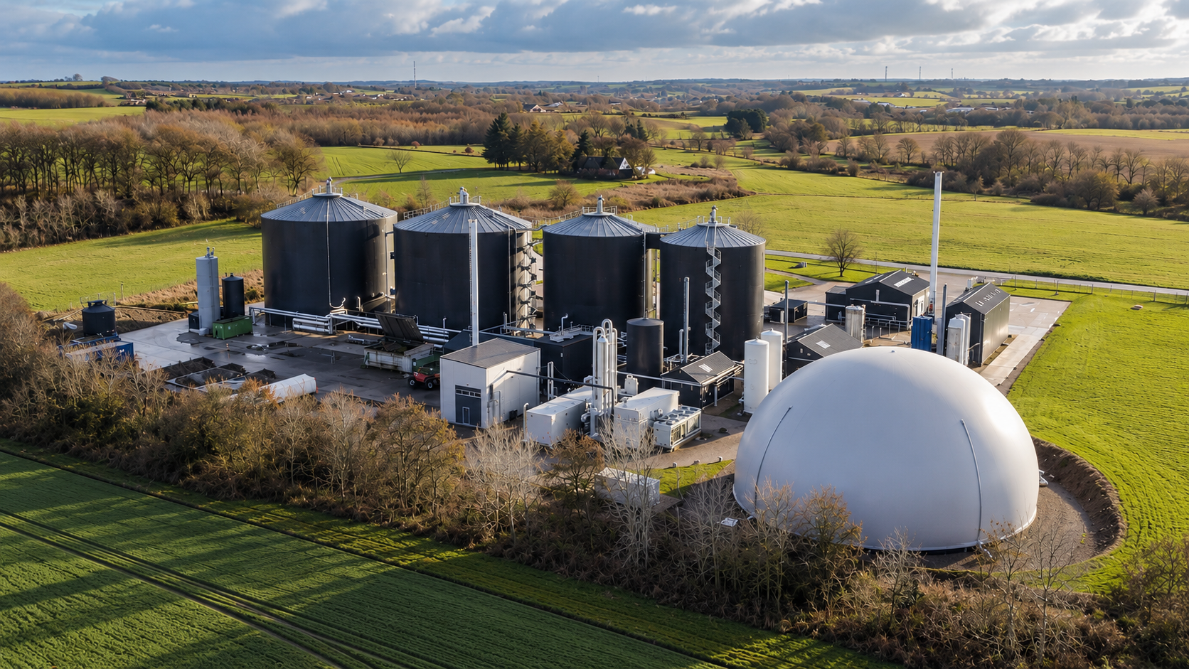 Biogas plant with several storage tanks and a dome-shaped gas holder, surrounded by farmland and open fields.